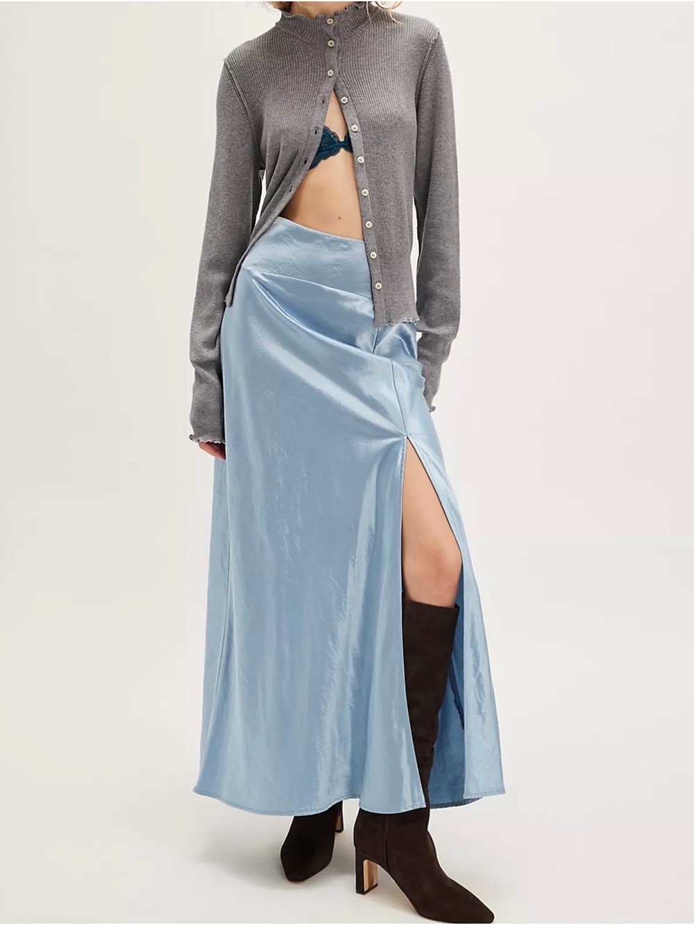 Free People Light Blue Satin Maxi Skirt with High Side Slit